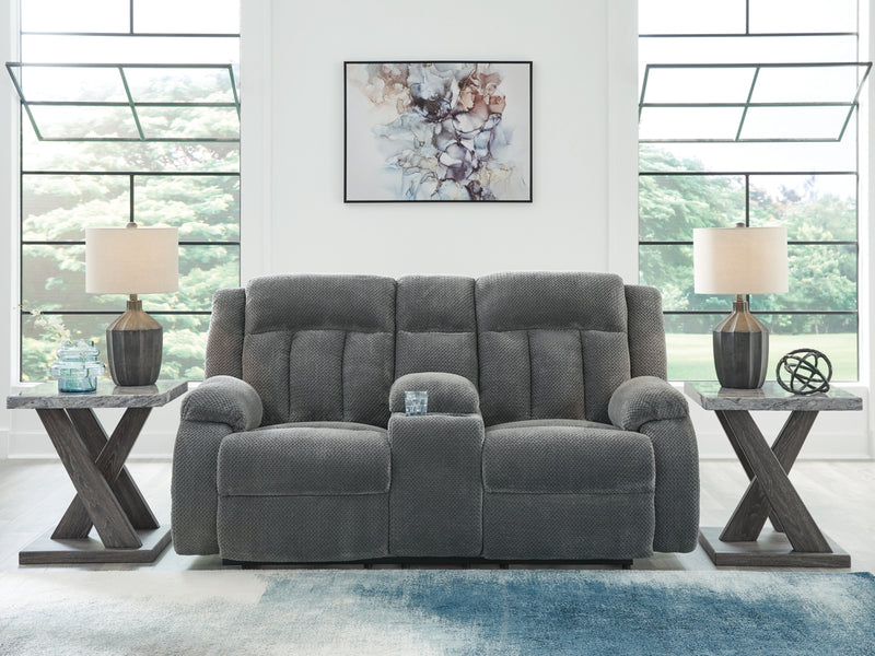 Sofá de dos plazas reclinable eléctrico Greely Bend con consola