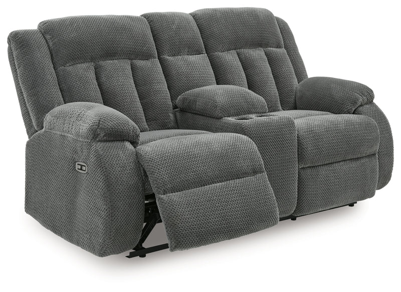 Sofá de dos plazas reclinable eléctrico Greely Bend con consola