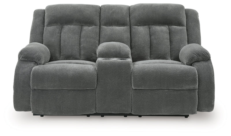 Sofá de dos plazas reclinable eléctrico Greely Bend con consola