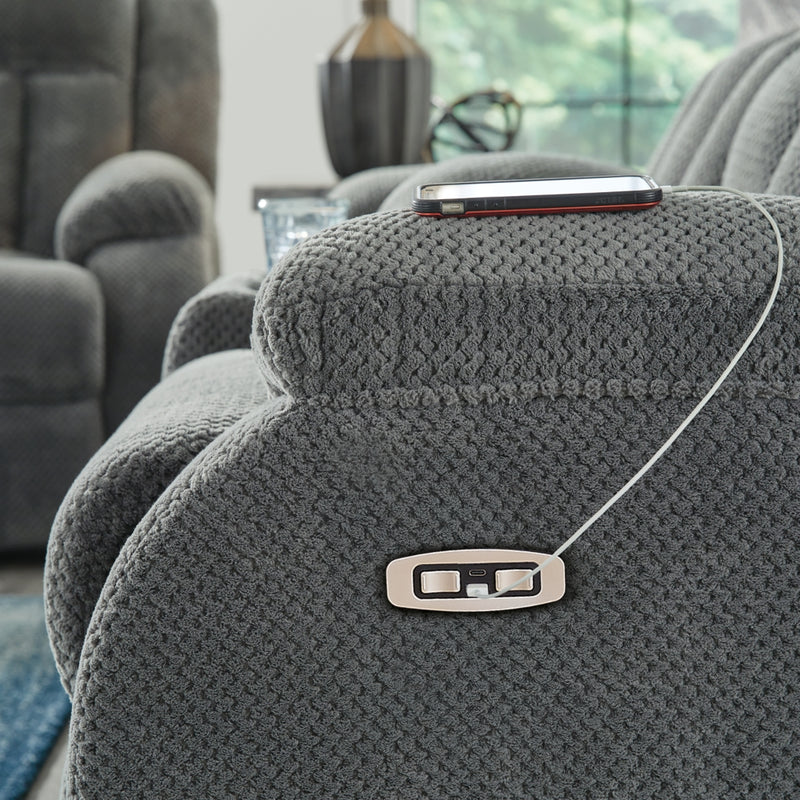 Sofá de dos plazas reclinable eléctrico Greely Bend con consola