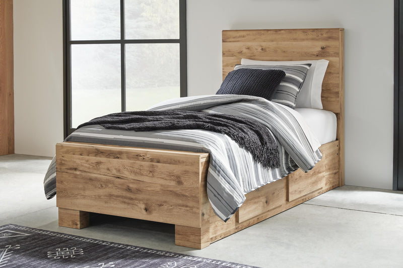 Cama Hyanna con panel y 2 cajones laterales de almacenamiento