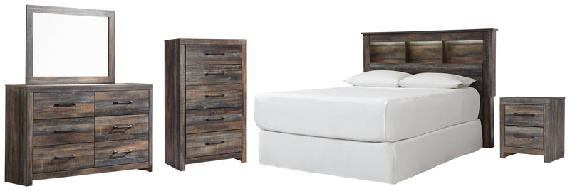 Drystan: set de dormitorio con cabecero de estantería