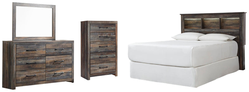 Drystan: set de dormitorio con cabecero de estantería