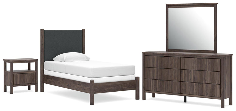Juego de dormitorio con cama panel tapizada Pamytta