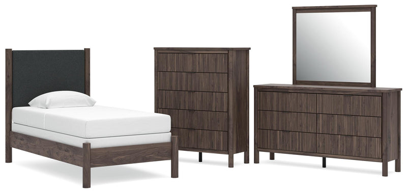 Juego de dormitorio con cama panel tapizada Pamytta