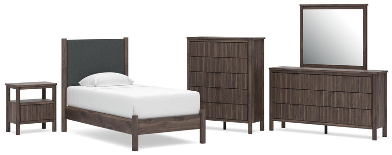 Juego de dormitorio con cama de plataforma y panel tapizado Pamytta