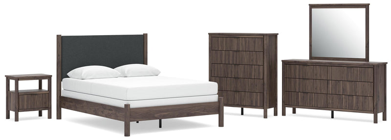 Juego de dormitorio con cama panel tapizada Pamytta