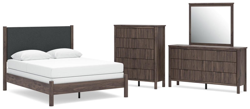 Juego de dormitorio con cama panel tapizada Pamytta