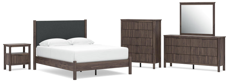 Juego de dormitorio con cama de plataforma y panel tapizado Pamytta