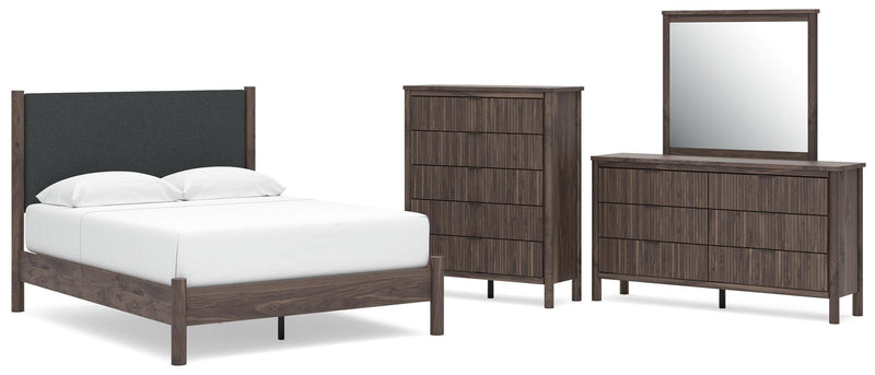 Juego de dormitorio con cama de plataforma y panel tapizado Pamytta