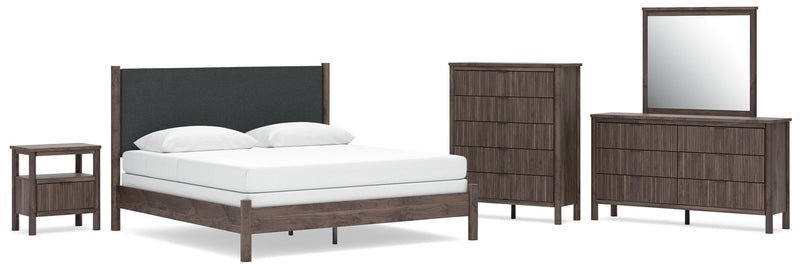 Juego de dormitorio con cama panel tapizada Pamytta