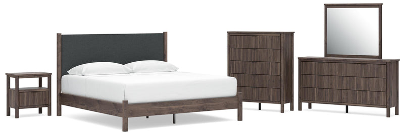 Juego de dormitorio con cama de plataforma y panel tapizado Pamytta