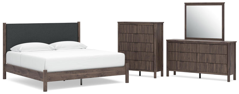 Juego de dormitorio con cama de plataforma y panel tapizado Pamytta