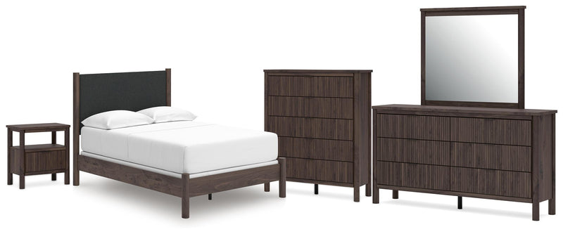 Juego de dormitorio con cama panel tapizada Pamytta
