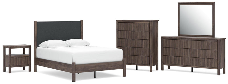 Juego de dormitorio con cama de plataforma y panel tapizado Pamytta