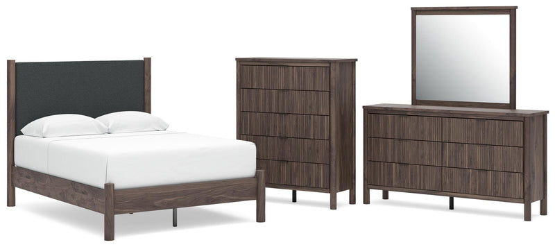 Juego de dormitorio con cama de plataforma y panel tapizado Pamytta