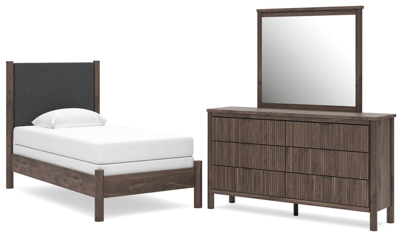 Juego de dormitorio con cama panel tapizada Pamytta