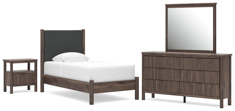 Juego de dormitorio con cama de plataforma y panel tapizado Pamytta
