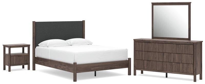 Juego de dormitorio con cama de plataforma y panel tapizado Pamytta