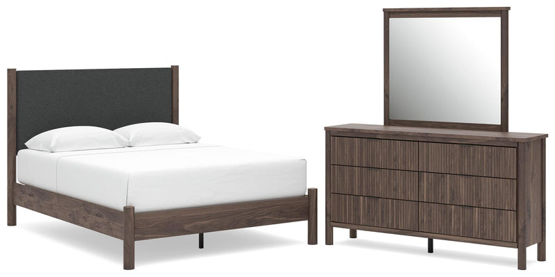 Juego de dormitorio con cama de plataforma y panel tapizado Pamytta