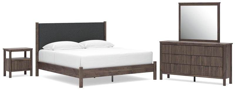 Juego de dormitorio con cama de plataforma y panel tapizado Pamytta