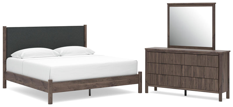 Juego de dormitorio con cama de plataforma y panel tapizado Pamytta