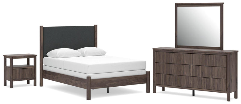 Juego de dormitorio con cama panel tapizada Pamytta