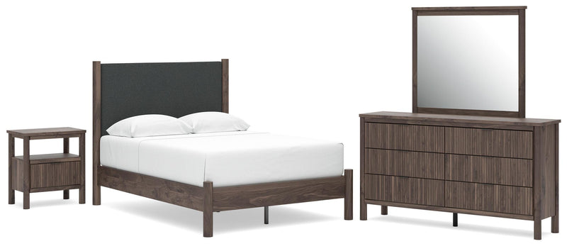 Juego de dormitorio con cama de plataforma y panel tapizado Pamytta