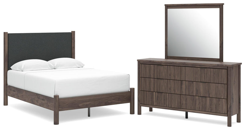Juego de dormitorio con cama de plataforma y panel tapizado Pamytta